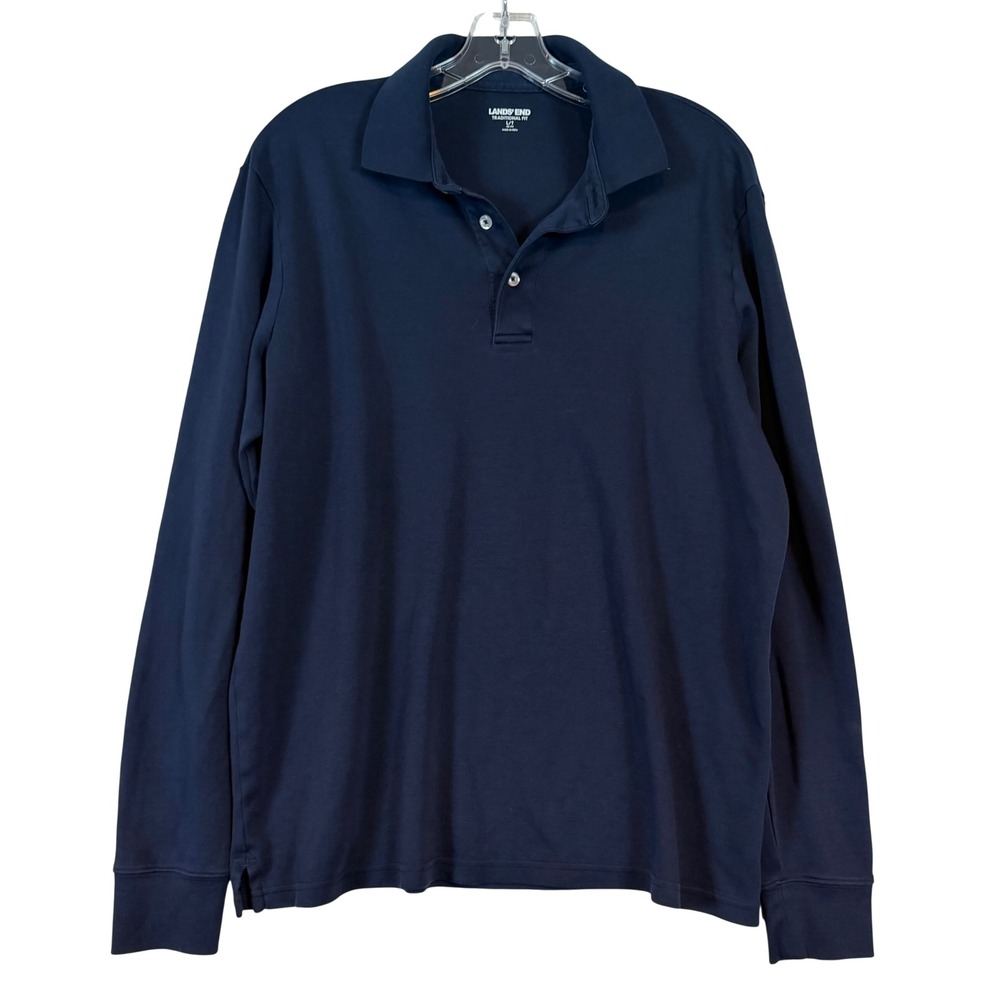 Lands End Mens Navy Blue Long Sleeve Supima Cotton Polo Shirt Traditional Fit LT
